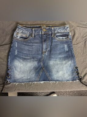 Almost Famous Distressed Denim Mini Skirt with Side Lace-Up - Blue